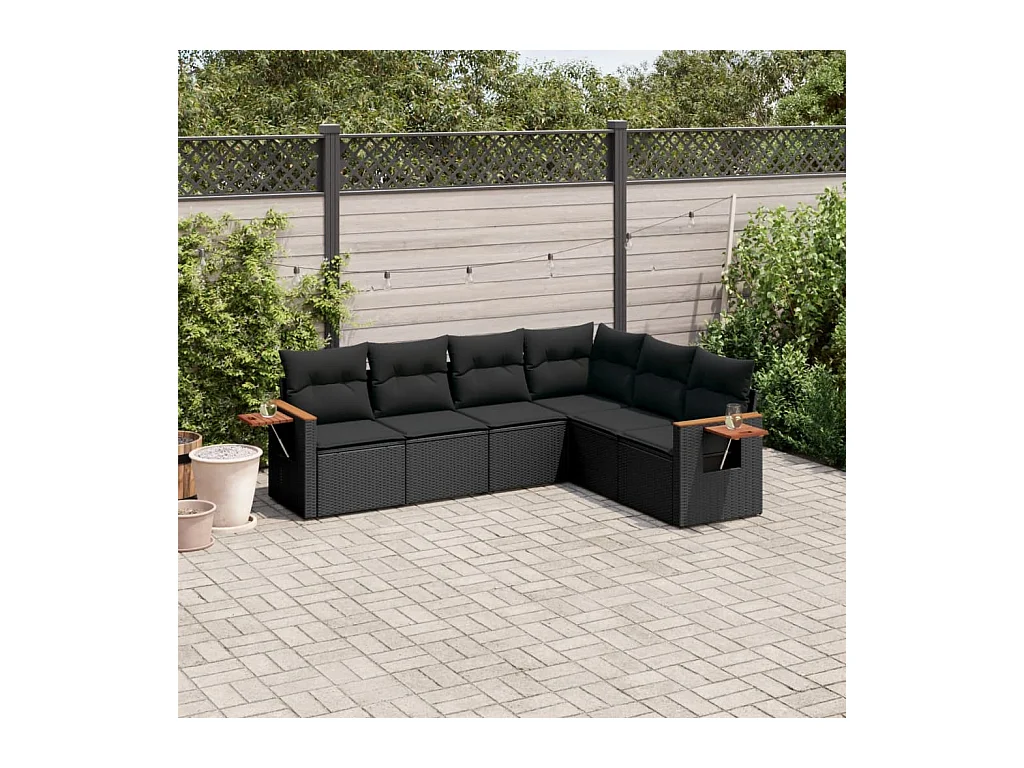 Set Divano da Giardino 6 pz con Cuscini Nero in Polyrattan