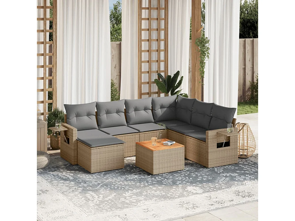 Set Divano da Giardino 8 pz con Cuscini Beige Misto Polyrattan