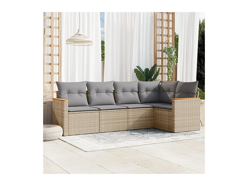 5-tlg. Garten-Sofagarnitur mit Kissen Beige Poly Rattan