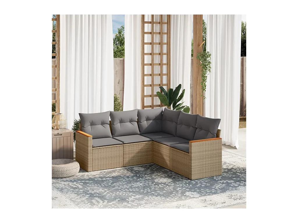 5-delige Loungeset met kussens poly rattan gemengd beige