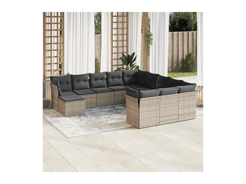 Salon de jardin avec coussins 12 pcs gris résine tressée