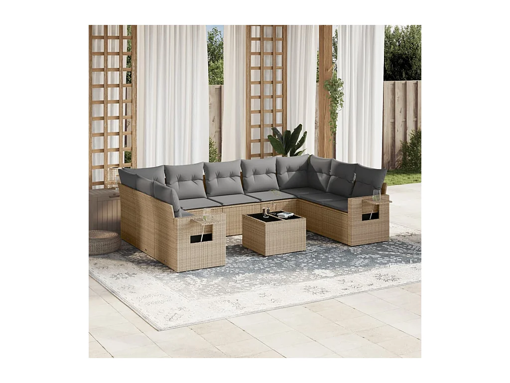 Set Divano da Giardino 10 pz con Cuscini Beige in Polyrattan