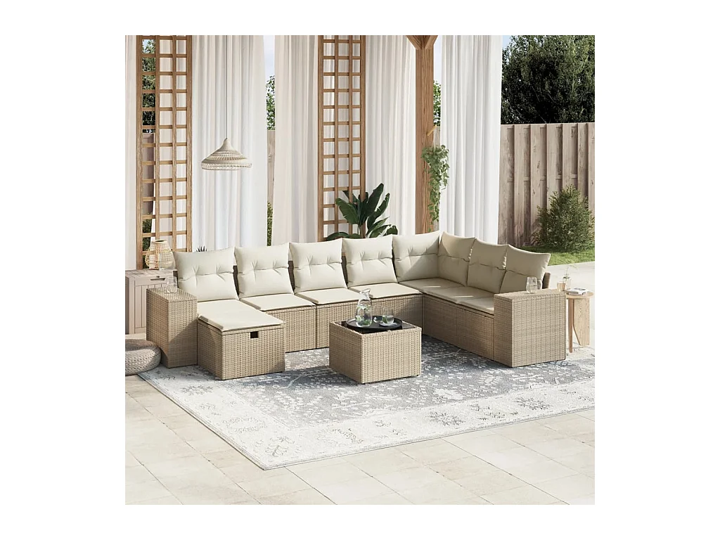 Salon de jardin avec coussins 9 pcs beige résine tressée