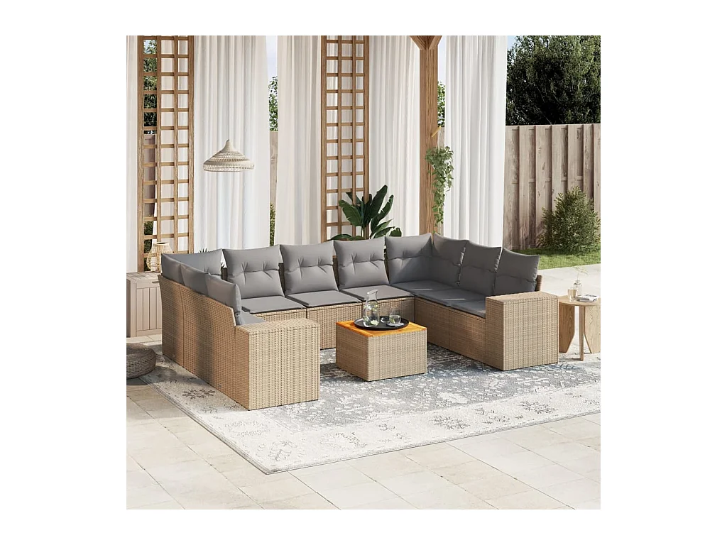Set Divano da Giardino 10 pz con Cuscini Beige in Polyrattan