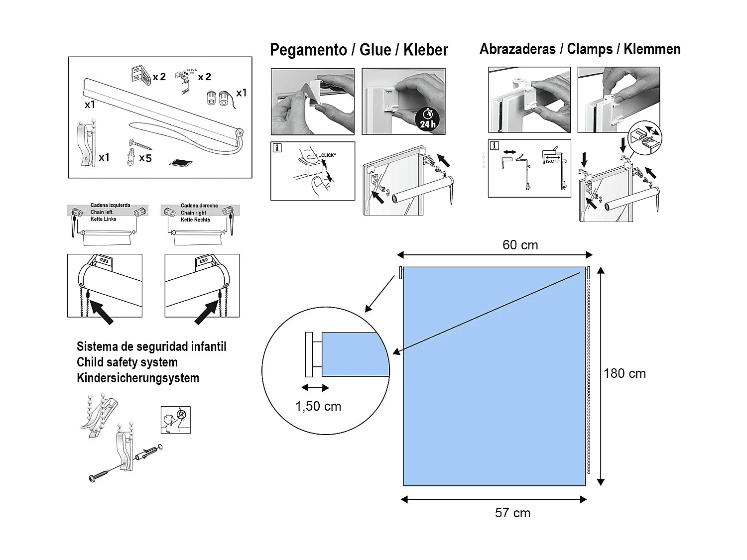 ESTORALIS | Estores Enrollables Translúcidos Easyfix  | 60 x 180 cm (Ancho por Alto) Tamaño de Tela 57 x 180 cm | Modelo BRAN Color Marino