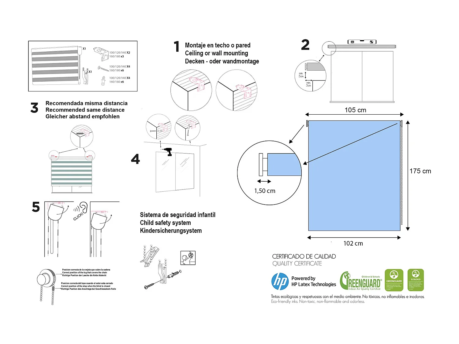 ESTORALIS | Estores Personalizados NOCHE y DIA | 110 x 180 cm (Ancho por Alto) Tamaño de Tela 107 x 175 cm | Modelo I-2161 Color Unico
