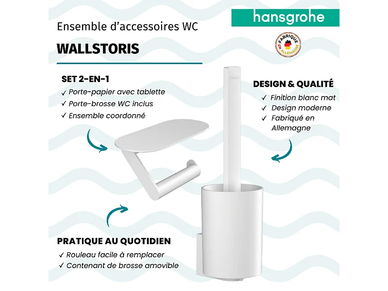 Lot d'accessoires pour WC HANSGROHE WallStoris porte-brosse mural + porte-papier WC avec tablette blanc mat