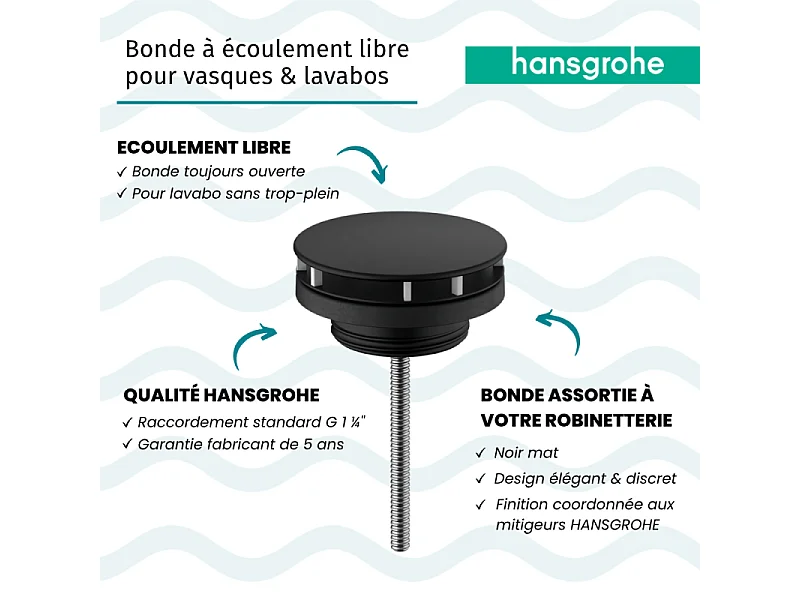 Bonde lavabo à écoulement libre HANSGROHE noir mat