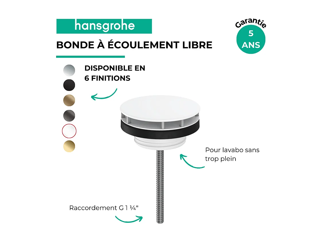 Bonde lavabo à écoulement libre HANSGROHE blanc mat
