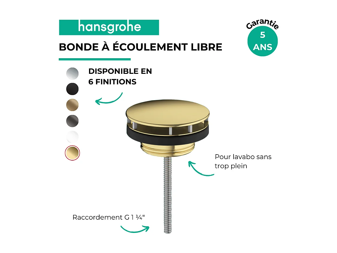 Bonde lavabo à écoulement libre HANSGROHE aspect doré poli