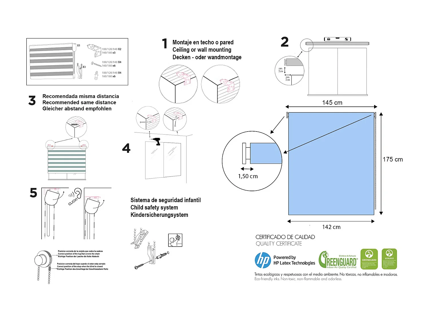 ESTORALIS | Estores Personalizados NOCHE y DIA | 150 x 180 cm (Ancho por Alto) Tamaño de Tela 147 x 175 cm | Modelo C-1225 Color Unico