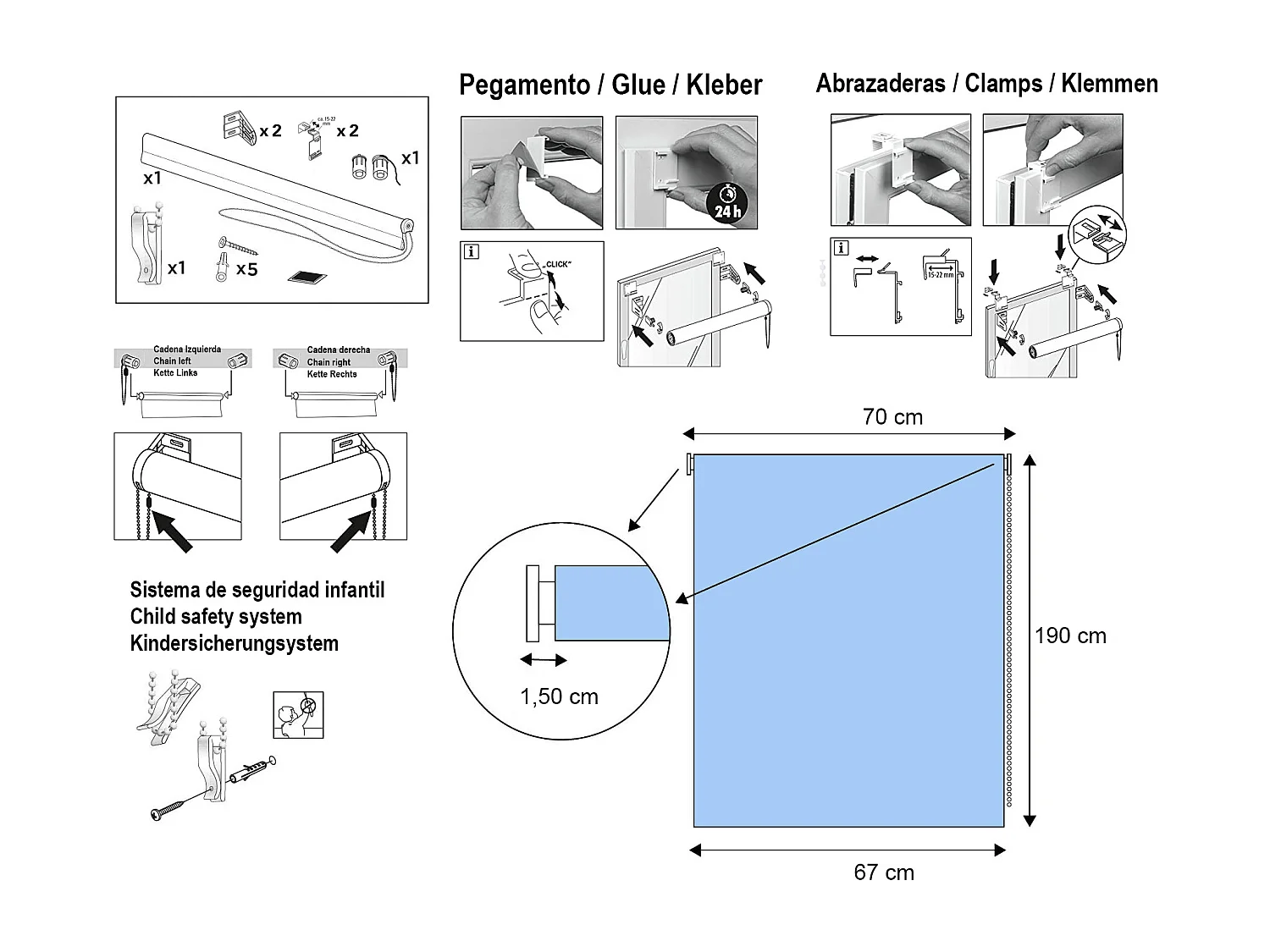 ESTORALIS | Estores Enrollables Opacos Easyfix  | 70 x 190 cm (Ancho por Alto) Tamaño de Tela 67 x 190 cm | Modelo RAMSAY Color Lino
