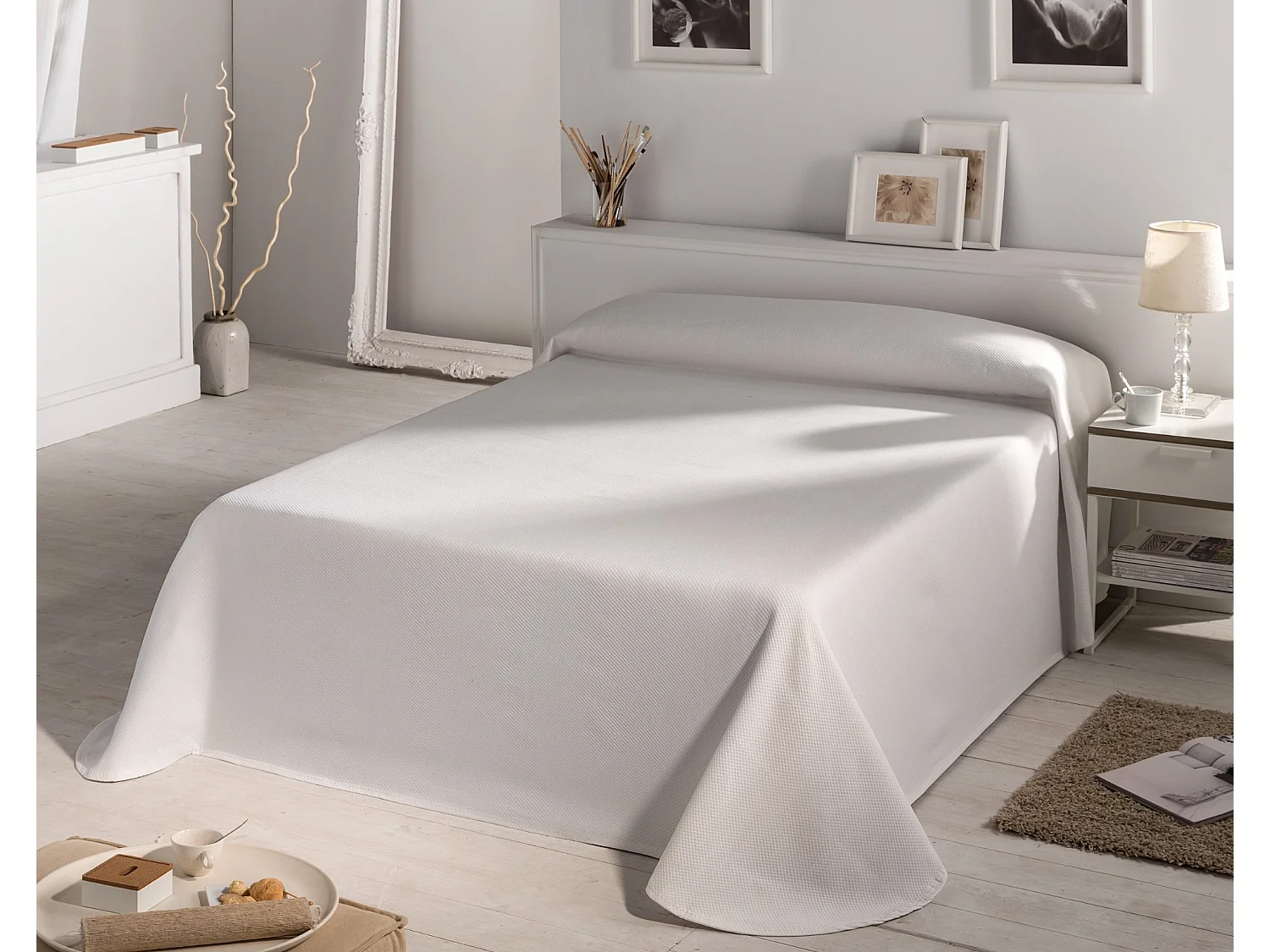 ESTORALIS | Colcha Tejido Jacquard | Colcha buena para todas las Estaciones | Para Cama 150 cm. ( 250x270 cm. AnchoxAlto ) | Modelo PUNTOS Color Crudo