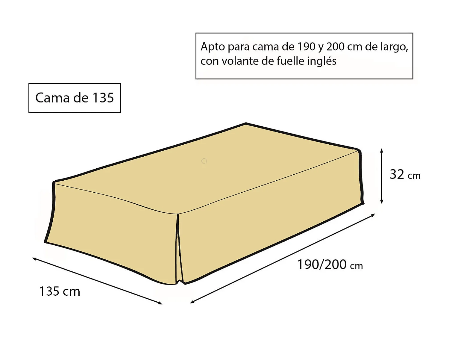 ESTORALIS | Cubre Canape Tejido Loneta Lisa | Para Cama 135 cm. ( 135x200 cm. AnchoxAlto ) Volante 30 cm. alto | Modelo LONETA Color Crudo