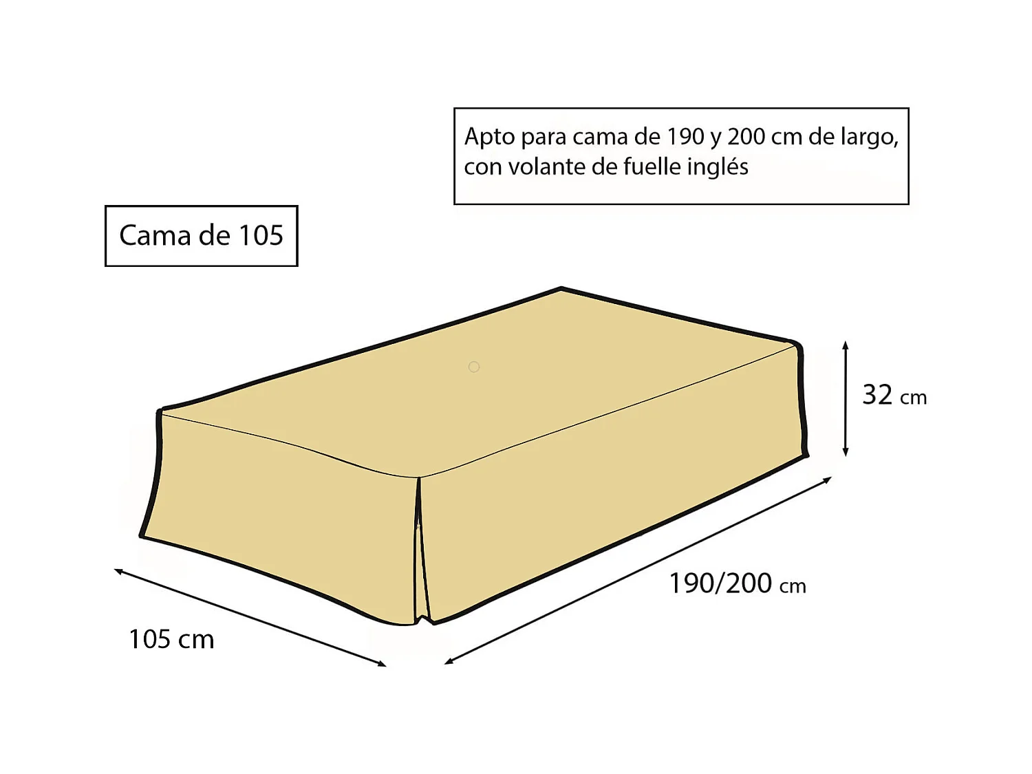ESTORALIS | Cubre Canape Tejido Loneta Lisa | Para Cama 105 cm. ( 105x200 cm. AnchoxAlto ) Volante 30 cm. alto | Modelo LONETA Color Crudo