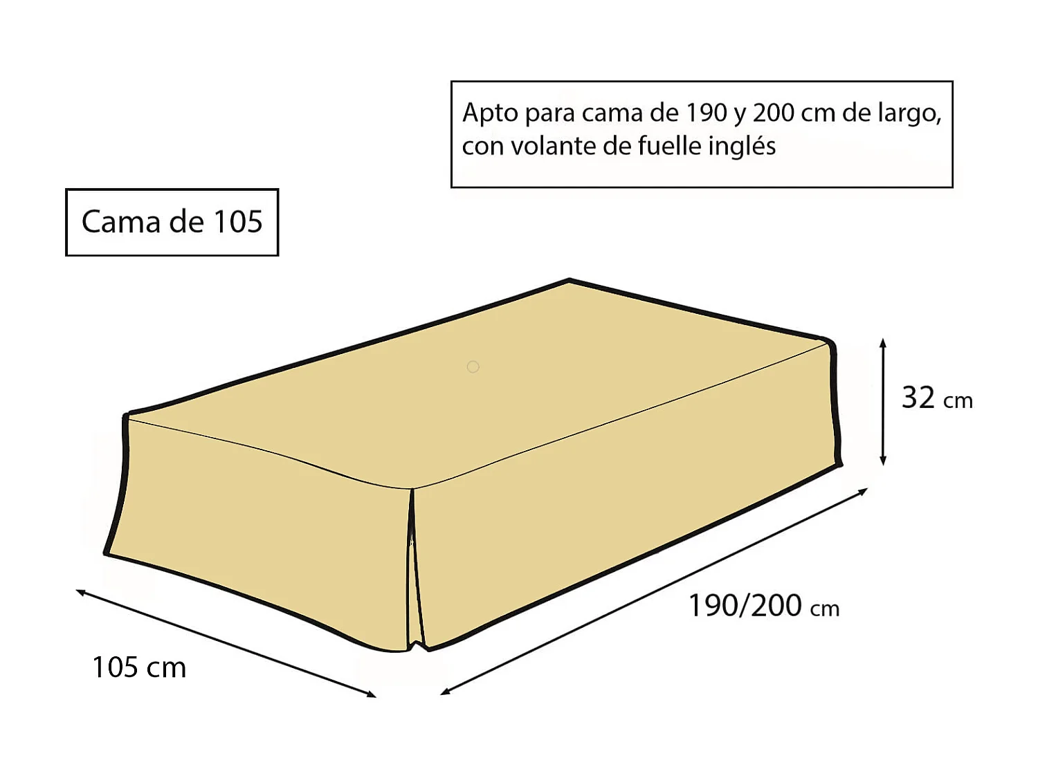 ESTORALIS | Cubre Canape Tejido Loneta Lisa | Para Cama 105 cm. ( 105x200 cm. AnchoxAlto ) Volante 30 cm. alto | Modelo LONETA Color Crudo