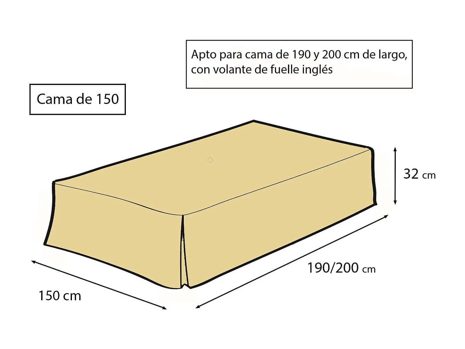 ESTORALIS | Cubre Canape Tejido Loneta Lisa | Para Cama 150 cm. ( 150x200 cm. AnchoxAlto ) Volante 30 cm. alto | Modelo LONETA Color Crudo