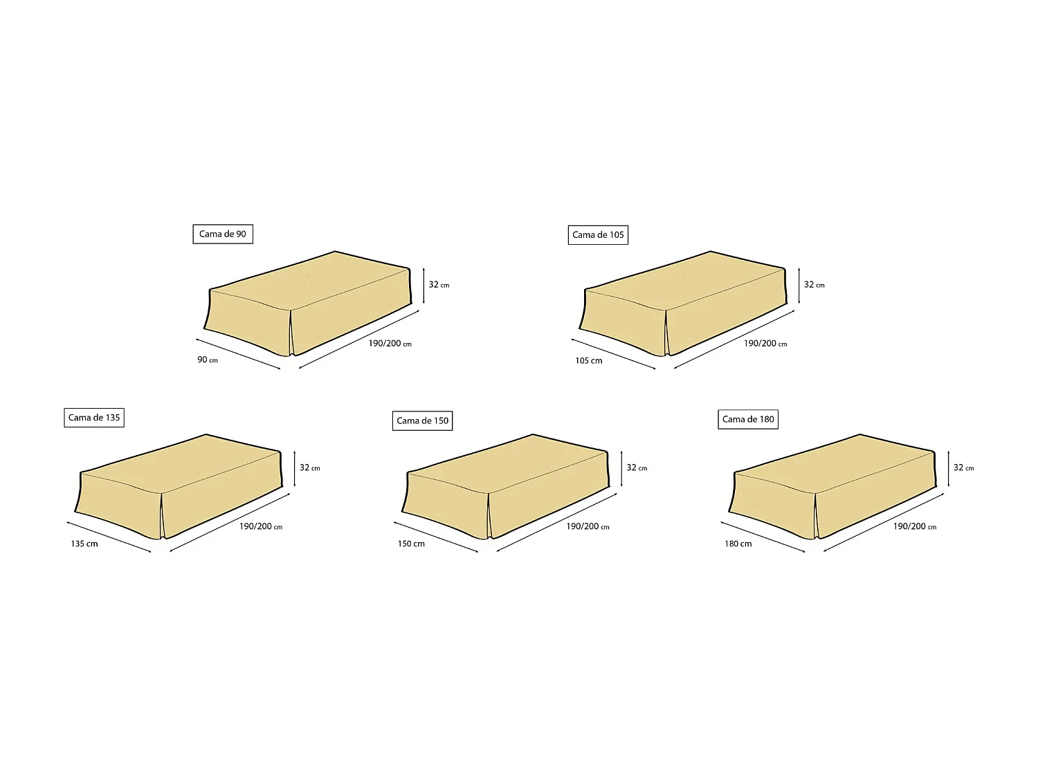 ESTORALIS | Cubre Canape Tejido Loneta Lisa | Para Cama 180 cm. ( 180x200 cm. AnchoxAlto ) Volante 30 cm. alto | Modelo LONETA Color Crudo