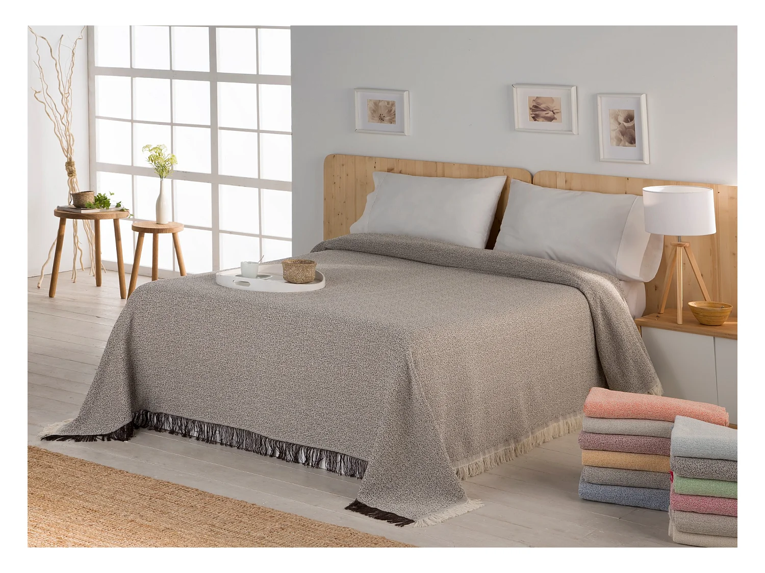 ESTORALIS | Plaid Multiusos Tejido Jacqard |   Manta de Algodón Sofa o Cama | Con Fleco ( 180x260 cm. AnchoxAlto )  | Modelo PERUGIA Color Gris