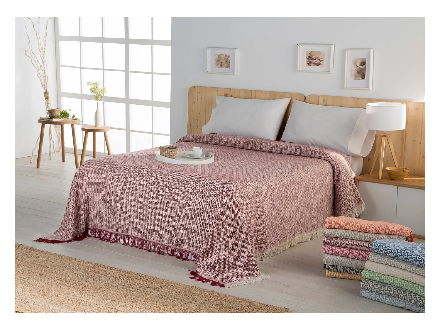 ESTORALIS | Plaid Multiusos Tejido Jacqard |   Manta de Algodón Sofa o Cama | Con Fleco ( 180x260 cm. AnchoxAlto )  | Modelo NAPOLES Color Fuxia