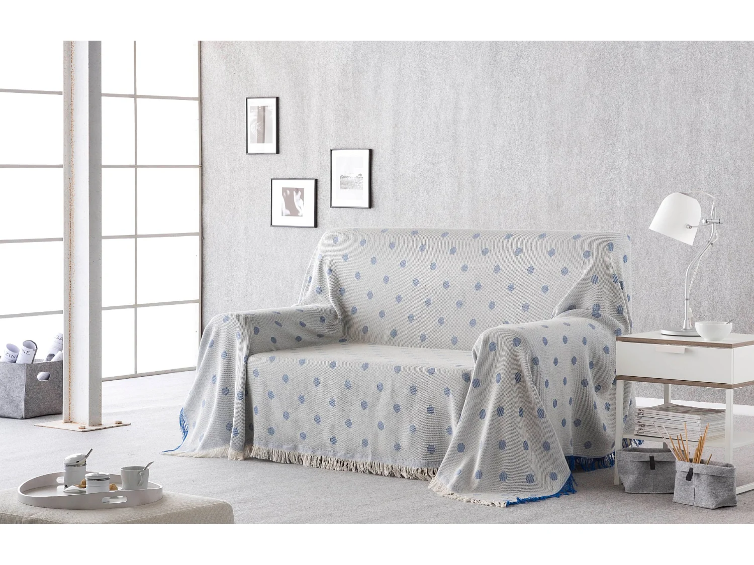 ESTORALIS | Plaid Multiusos Tejido Jacqard |   Manta de Algodón Sofa o Cama | Con Fleco ( 180x260 cm. AnchoxAlto )  | Modelo LUNARES Color Azul