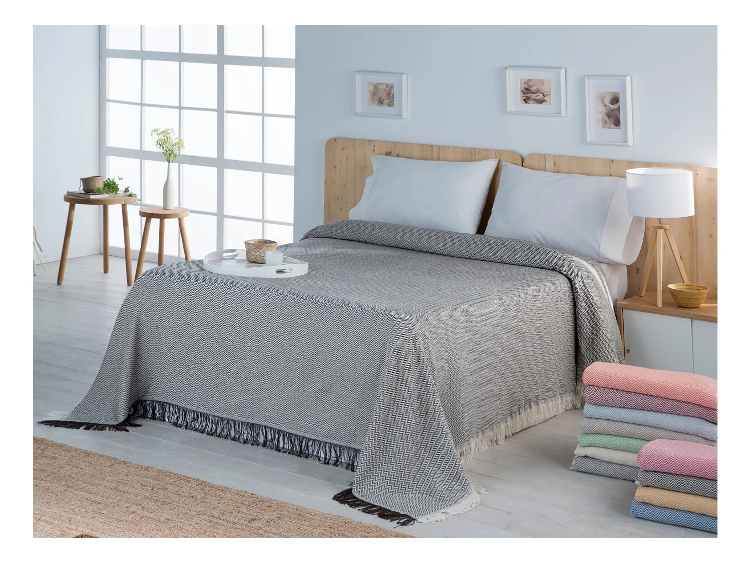 ESTORALIS | Plaid Multiusos Tejido Jacqard |   Manta de Algodón Sofa o Cama | Con Fleco ( 230x260 cm. AnchoxAlto )  | Modelo TORINO Color Marengo