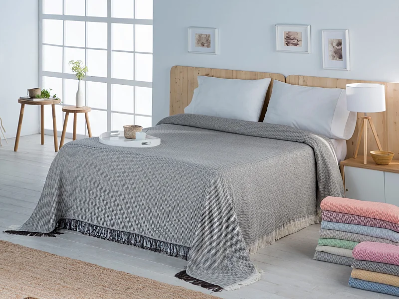 ESTORALIS | Plaid Multiusos Tejido Jacqard |   Manta de Algodón Sofa o Cama | Con Fleco ( 180x260 cm. AnchoxAlto )  | Modelo TORINO Color Celeste