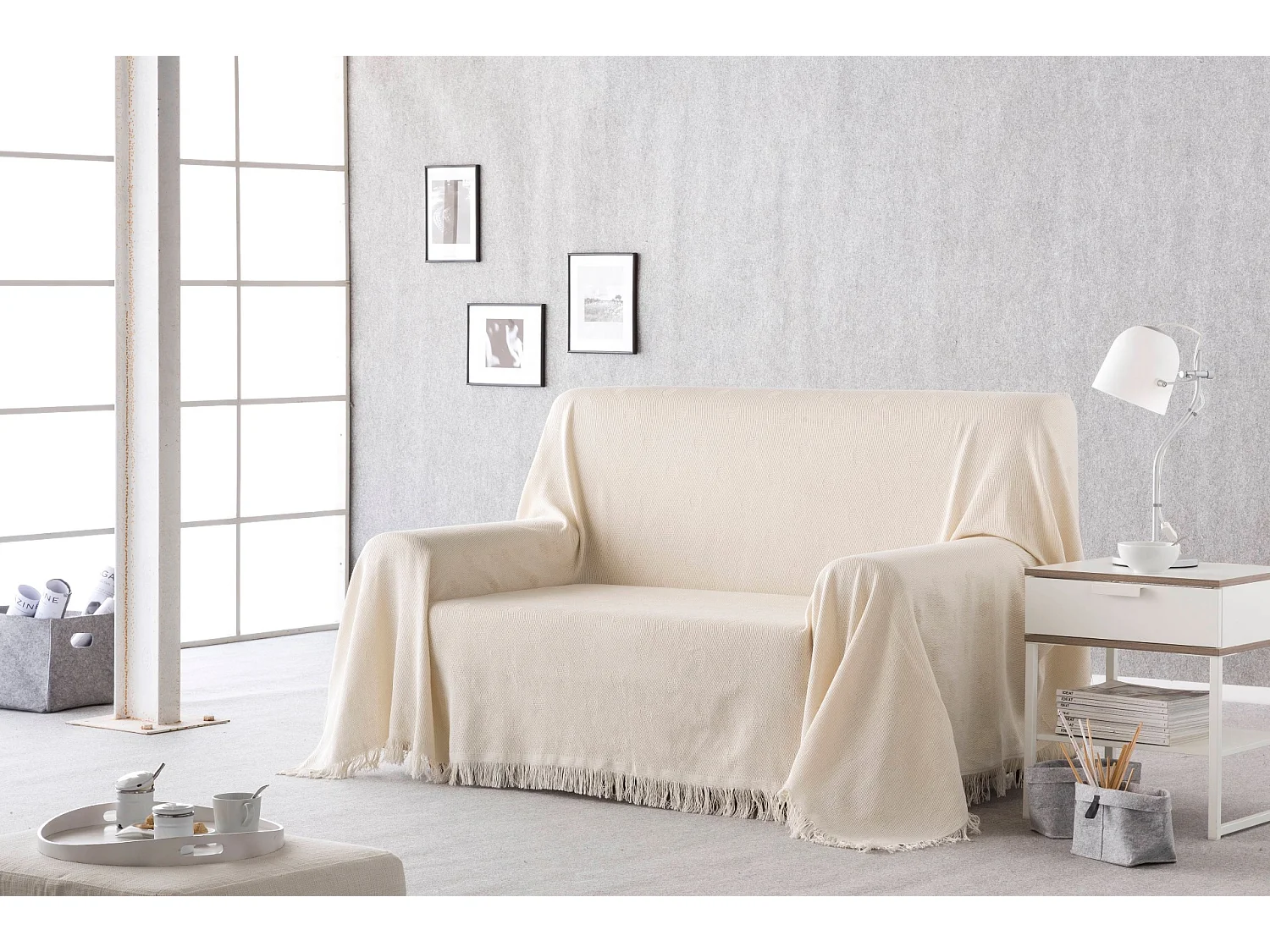 ESTORALIS | Plaid Multiusos Tejido Jacqard |   Manta de Algodón Sofa o Cama | Con Fleco ( 230x260 cm. AnchoxAlto )  | Modelo LUNARES Color Crudo