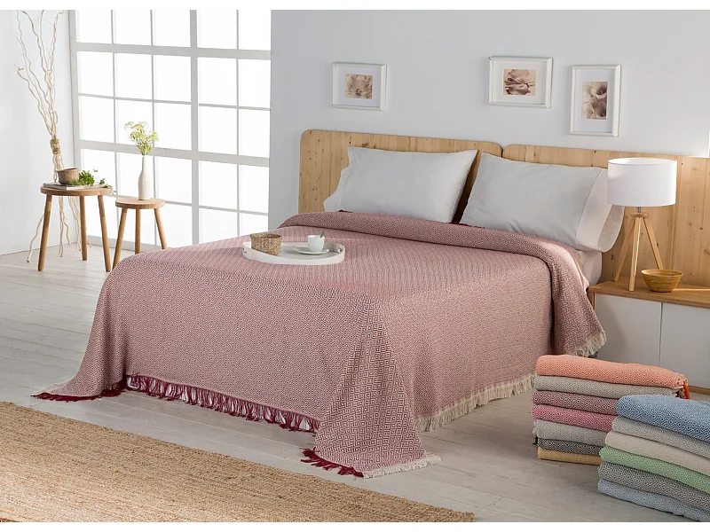 ESTORALIS | Plaid Multiusos Tejido Jacqard |   Manta de Algodón Sofa o Cama | Con Fleco ( 180x260 cm. AnchoxAlto )  | Modelo NAPOLES Color Beige