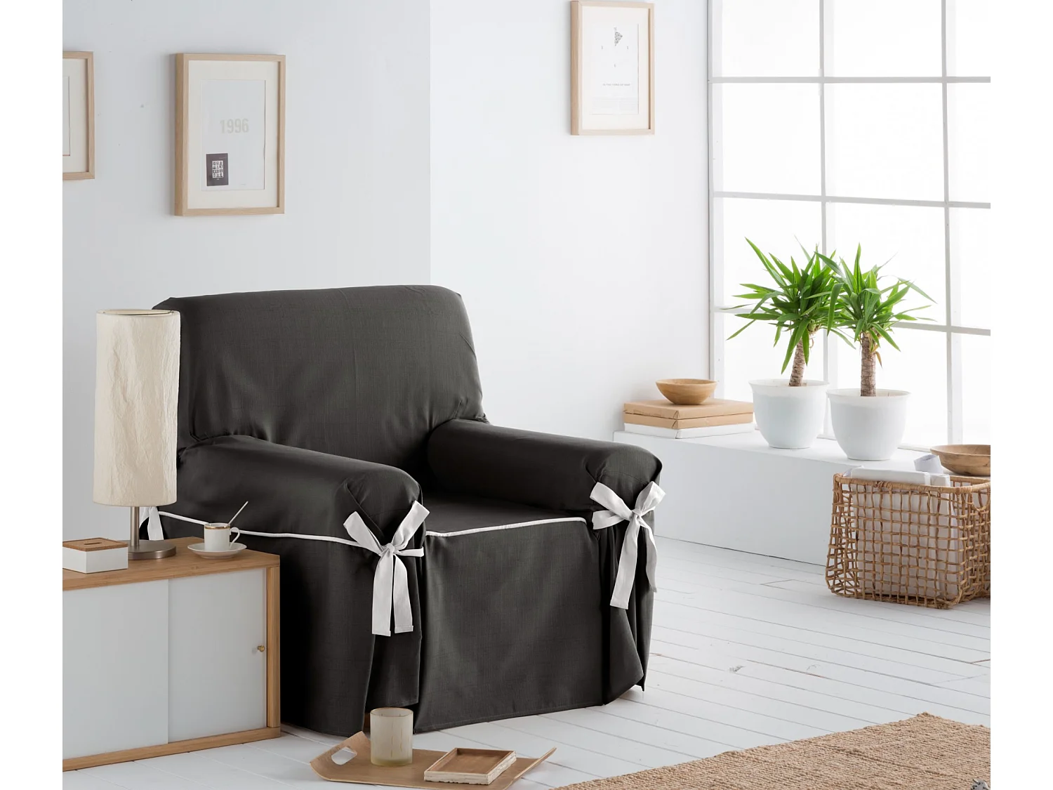 ESTORALIS | Funda Sofá Lazos Tejido Jaquard Resistente | Para Sofa de 4 Plazas | Tamaño ( de 210 a 240 cm. )  | Modelo BERET Color Gris Antracita