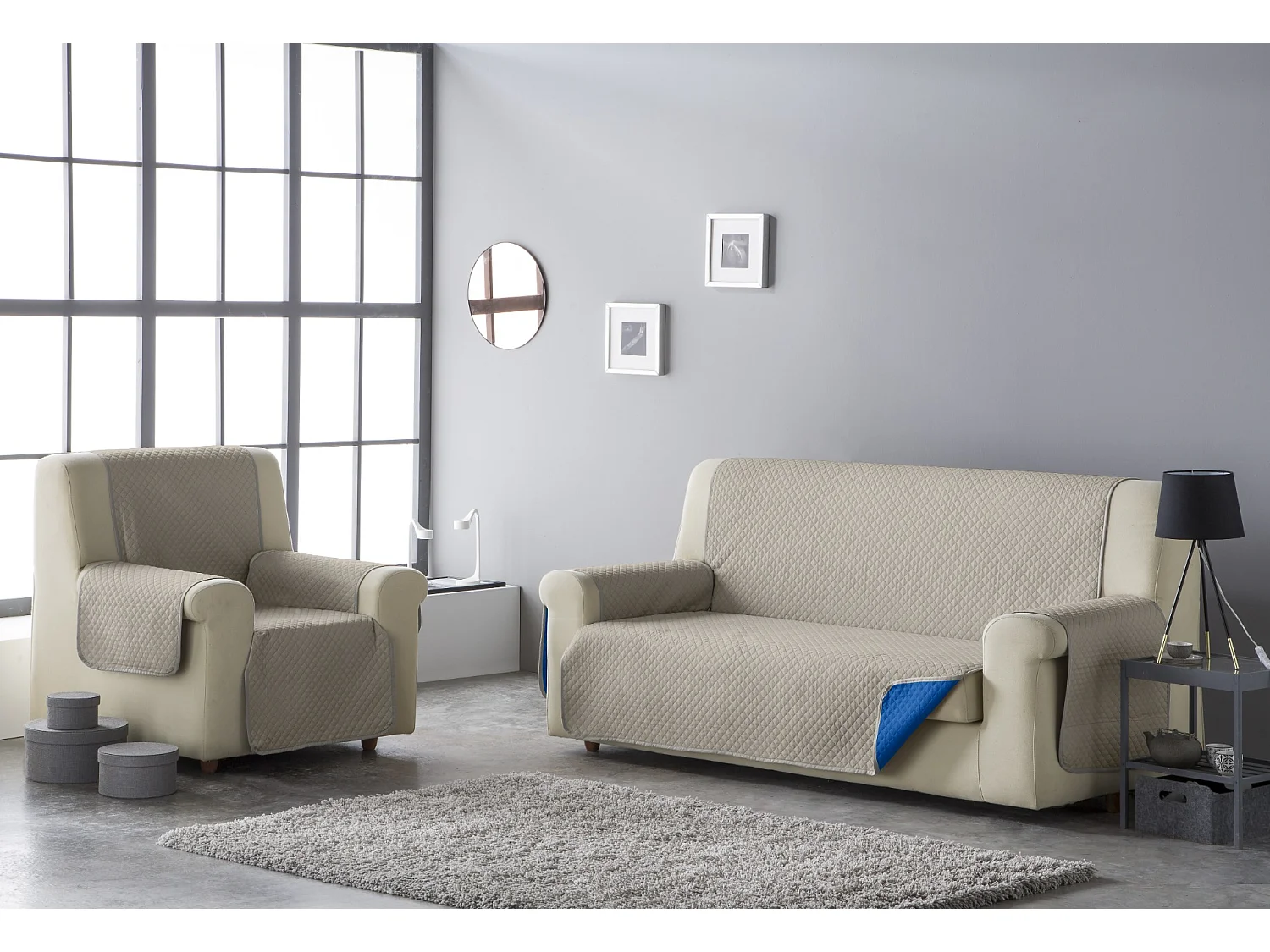 ESTORALIS | Cubre Sofá Acolchado Reversible | Para Sillon o Relax 1 Plaza | Tela 55 x 210 cm  | Modelo AVA Color Gris/Azulina