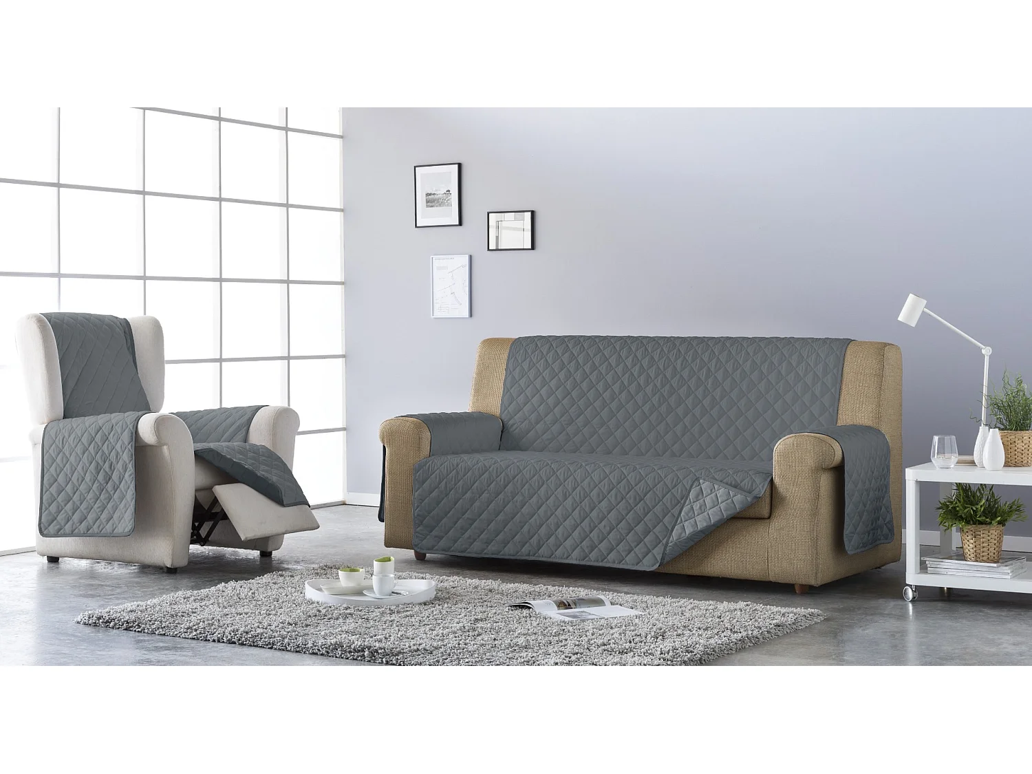ESTORALIS | Cubre Sofá Acolchado Reversible | Para Sofa de 3 Plazas | Tela 150 x 210 cm | Modelo EDEN Color Gris/Antracita