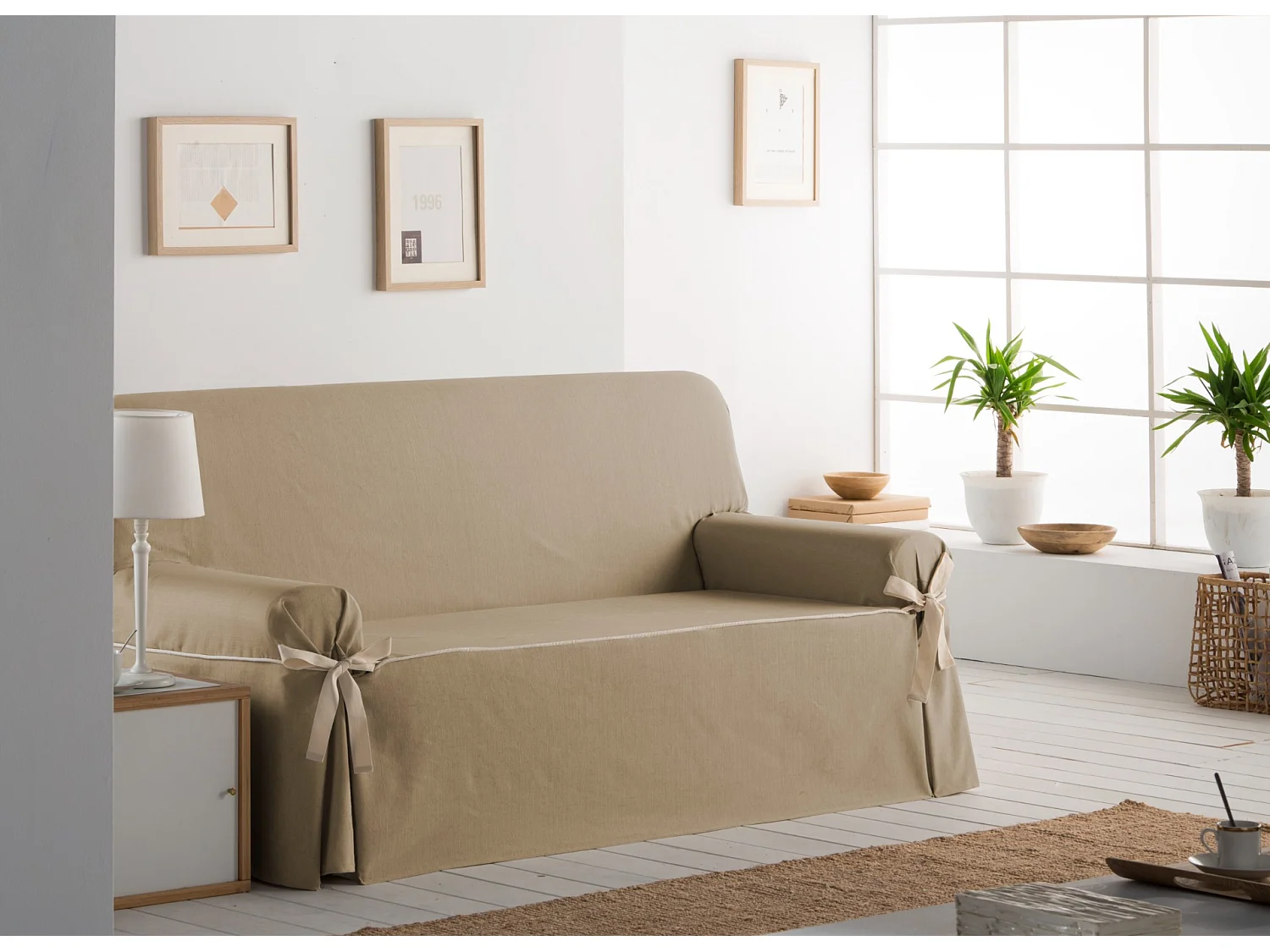 ESTORALIS | Funda Sofá Lazos Tejido Jaquard Resistente | Para Sofa de 3 Plazas | Tamaño ( de 180 a 210 cm. )  | Modelo BERET Color Champagne