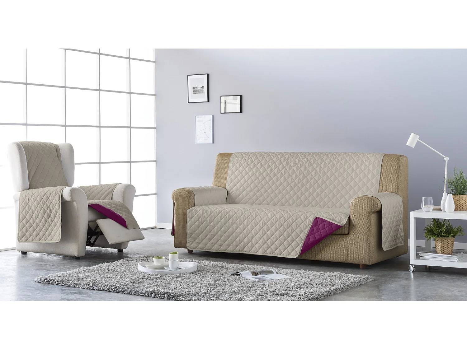 ESTORALIS | Cubre Sofá Acolchado Reversible | Para Sofa de 4 Plazas | Tela 190 x 210 cm | Modelo EDEN Color Gris/Fuxia