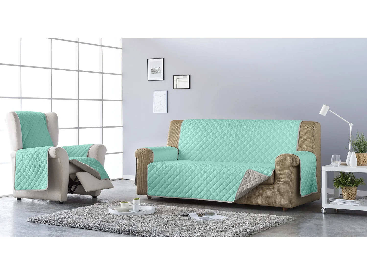 ESTORALIS | Cubre Sofá Acolchado Reversible | Para Sofa de 4 Plazas | Tela 190 x 210 cm | Modelo EDEN Color Beige/Turquesa