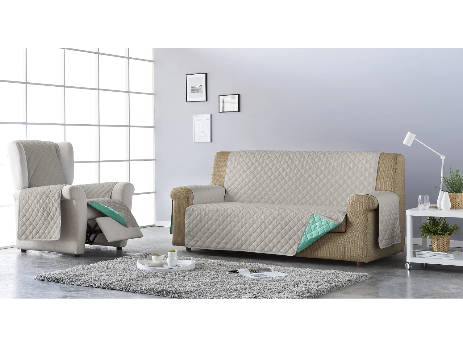 ESTORALIS | Cubre Sofá Acolchado Reversible | Para Sofa de 3 Plazas | Tela 150 x 210 cm | Modelo EDEN Color Beige/Turquesa