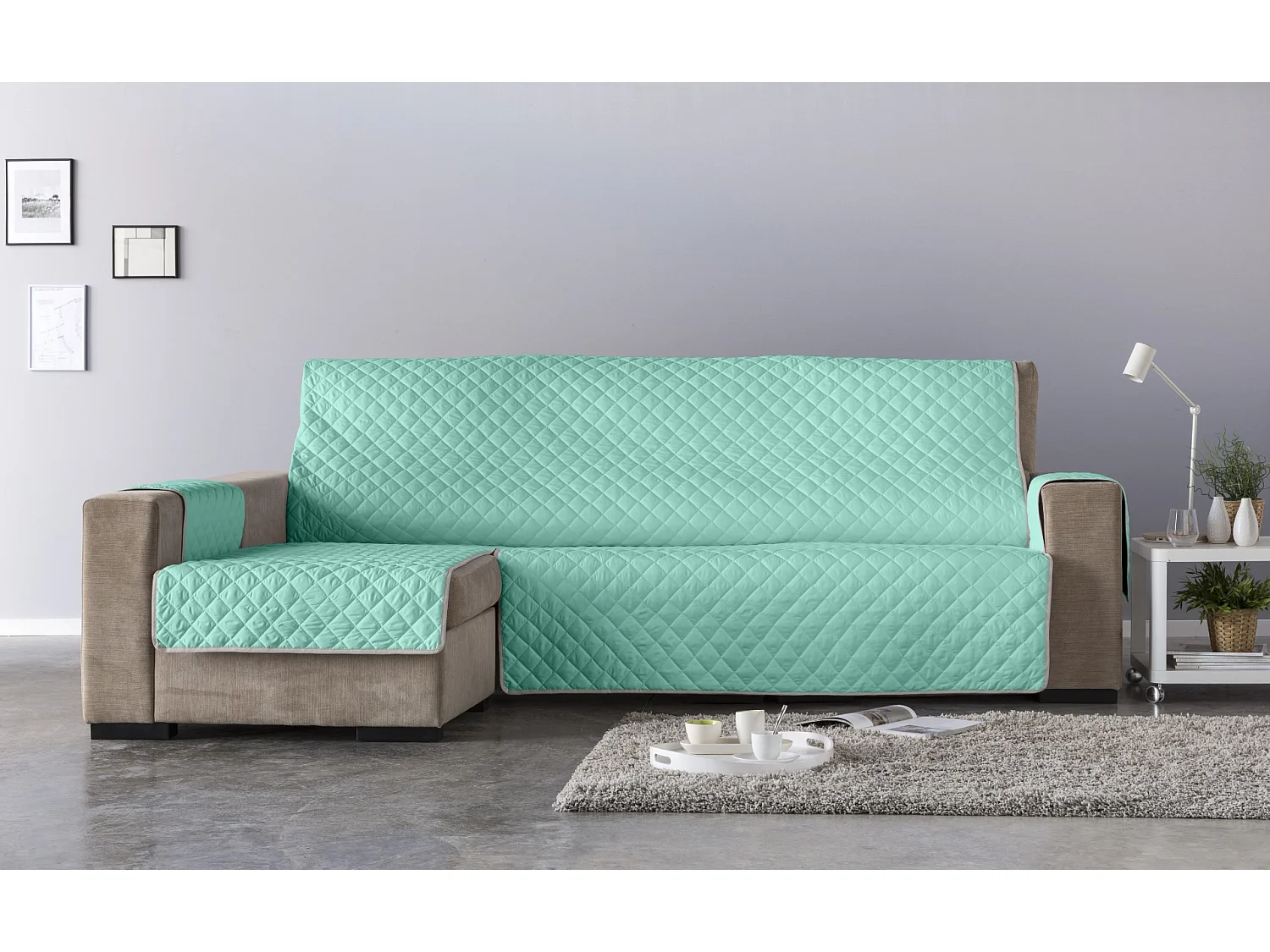 ESTORALIS | Cubre Sofá Acolchado  | Chaisse Longue 240 cm Brazo Izquierdo | Tela 240 x 255 cm | Modelo EDEN Color Turquesa