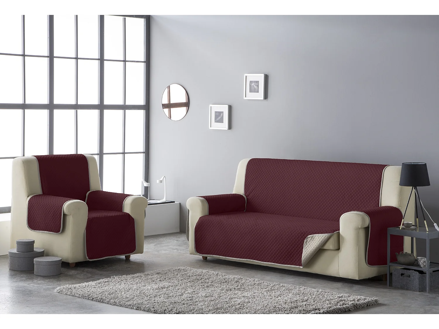 ESTORALIS | Cubre Sofá Acolchado Reversible | Para Sillon o Relax 1 Plaza | Tela 55 x 210 cm  | Modelo AVA Color Gris/Rojo