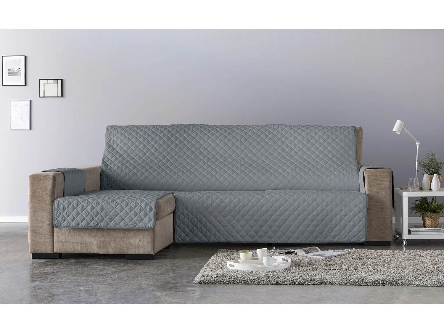 ESTORALIS | Cubre Sofá Acolchado  | Chaisse Longue 290 cm Brazo Derecho | Tela 290 x 255 cm | Modelo EDEN Color Gris