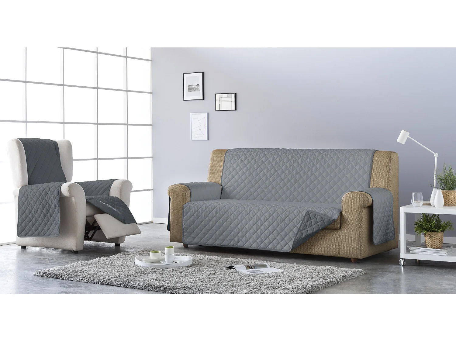 ESTORALIS | Cubre Sofá Acolchado Reversible | Para Sofa de 4 Plazas | Tela 190 x 210 cm | Modelo EDEN Color Gris/Antracita