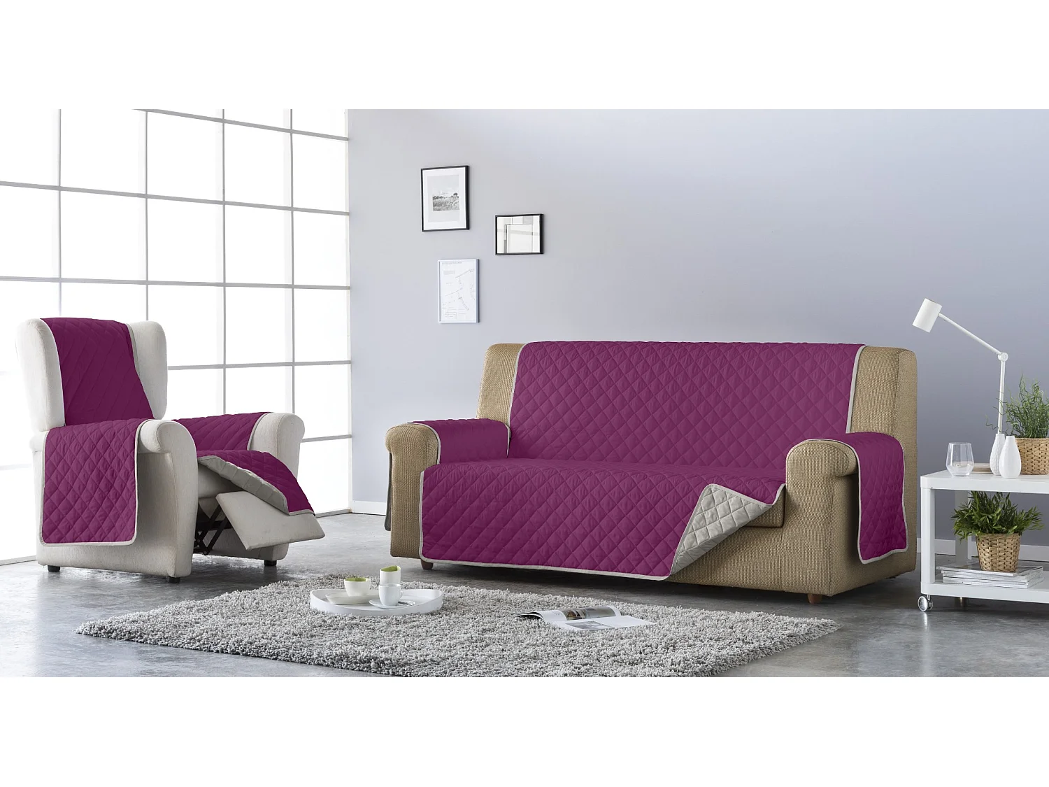 ESTORALIS | Cubre Sofá Acolchado Reversible | Para Sillon o Relax 1 Plaza | Tela 55 x 210 cm | Modelo EDEN Color Beige/Fuxia