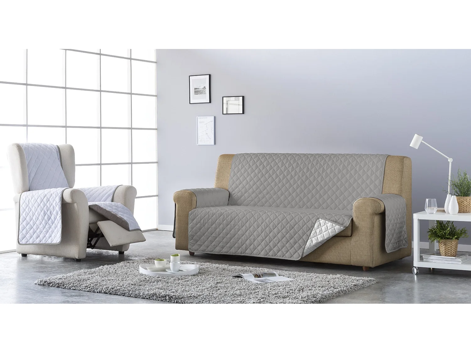 ESTORALIS | Cubre Sofá Acolchado Reversible | Para Sillon o Relax 1 Plaza | Tela 55 x 210 cm | Modelo EDEN Color Blanco/Taupe