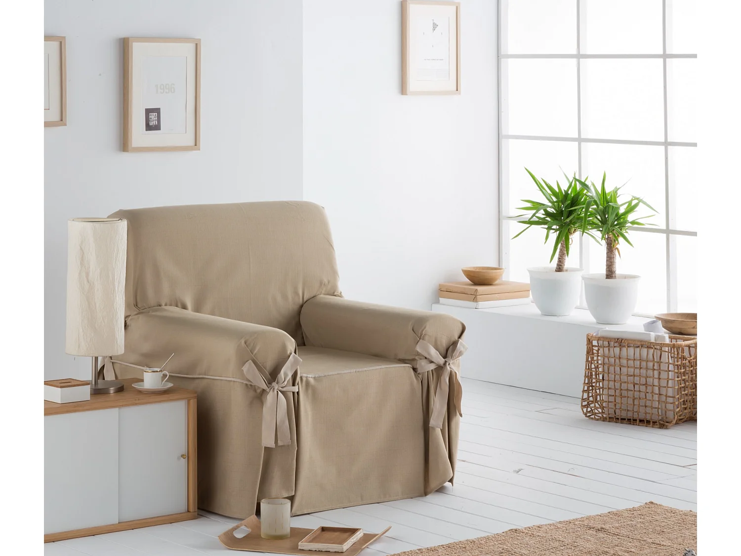 ESTORALIS | Funda Sofá Lazos Tejido Jaquard Resistente | Para Sofa de 4 Plazas | Tamaño ( de 210 a 240 cm. )  | Modelo BERET Color Champagne