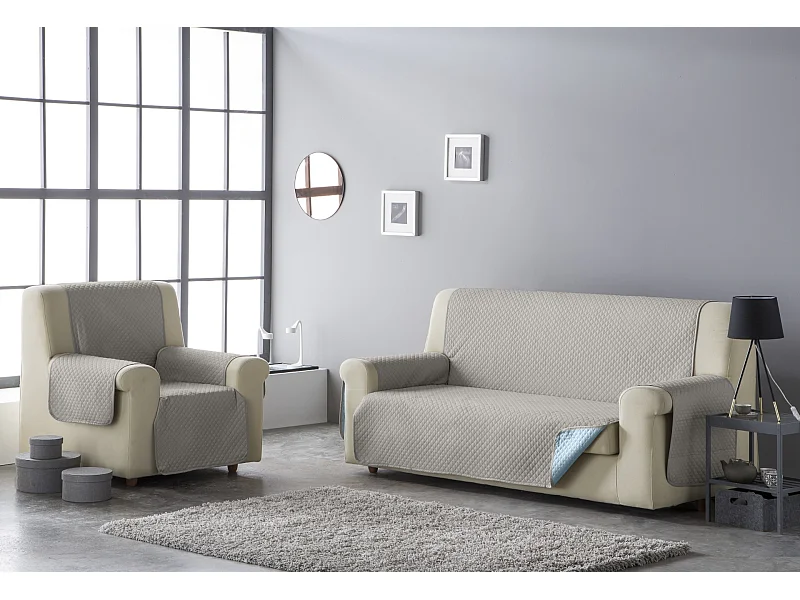 ESTORALIS | Cubre Sofá Acolchado Reversible | Para Sillon o Relax 1 Plaza | Tela 55 x 210 cm  | Modelo AVA Color Beige/Celeste