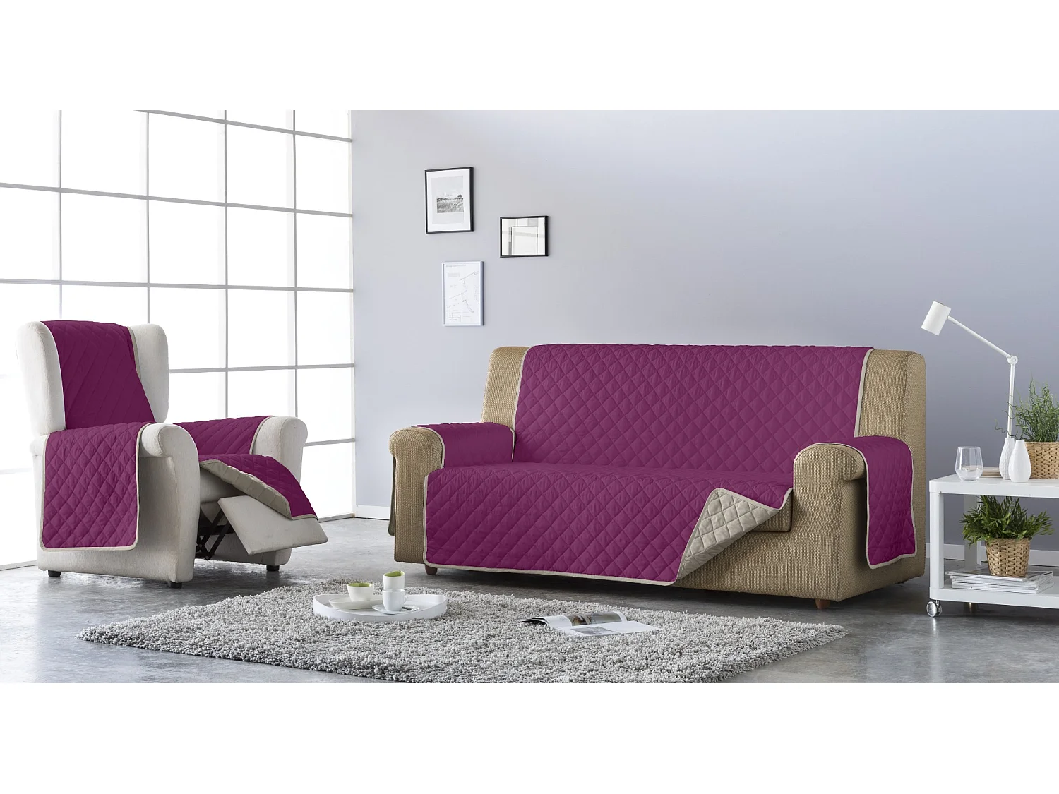 ESTORALIS | Cubre Sofá Acolchado Reversible | Para Sofa de 3 Plazas | Tela 150 x 210 cm | Modelo EDEN Color Gris/Fuxia