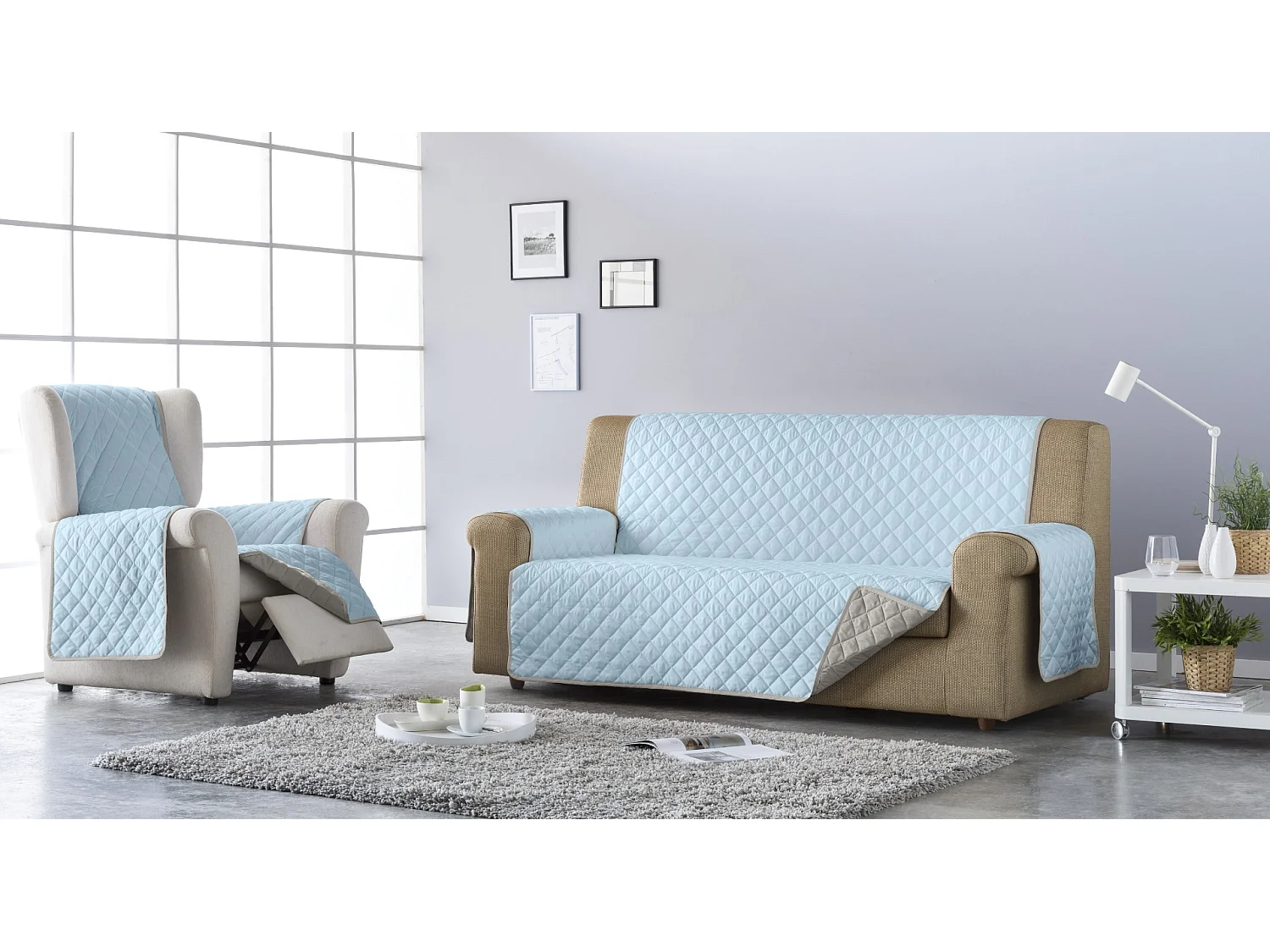 ESTORALIS | Cubre Sofá Acolchado Reversible | Para Sofa de 3 Plazas | Tela 150 x 210 cm | Modelo EDEN Color Beige/Celeste