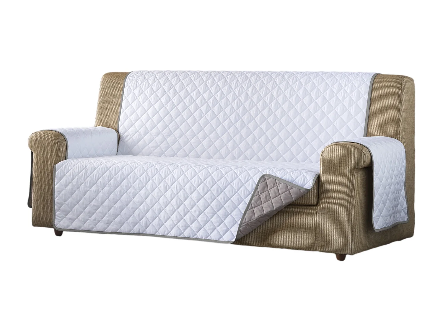 ESTORALIS | Cubre Sofá Acolchado Reversible | Para Sofa de 4 Plazas | Tela 190 x 210 cm | Modelo EDEN Color Blanco/Taupe