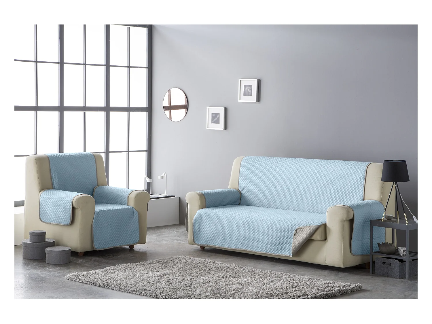 ESTORALIS | Cubre Sofá Acolchado Reversible | Para Sofa de 3 Plazas | Tela 150 x 210 cm  | Modelo AVA Color Celeste/Piedra