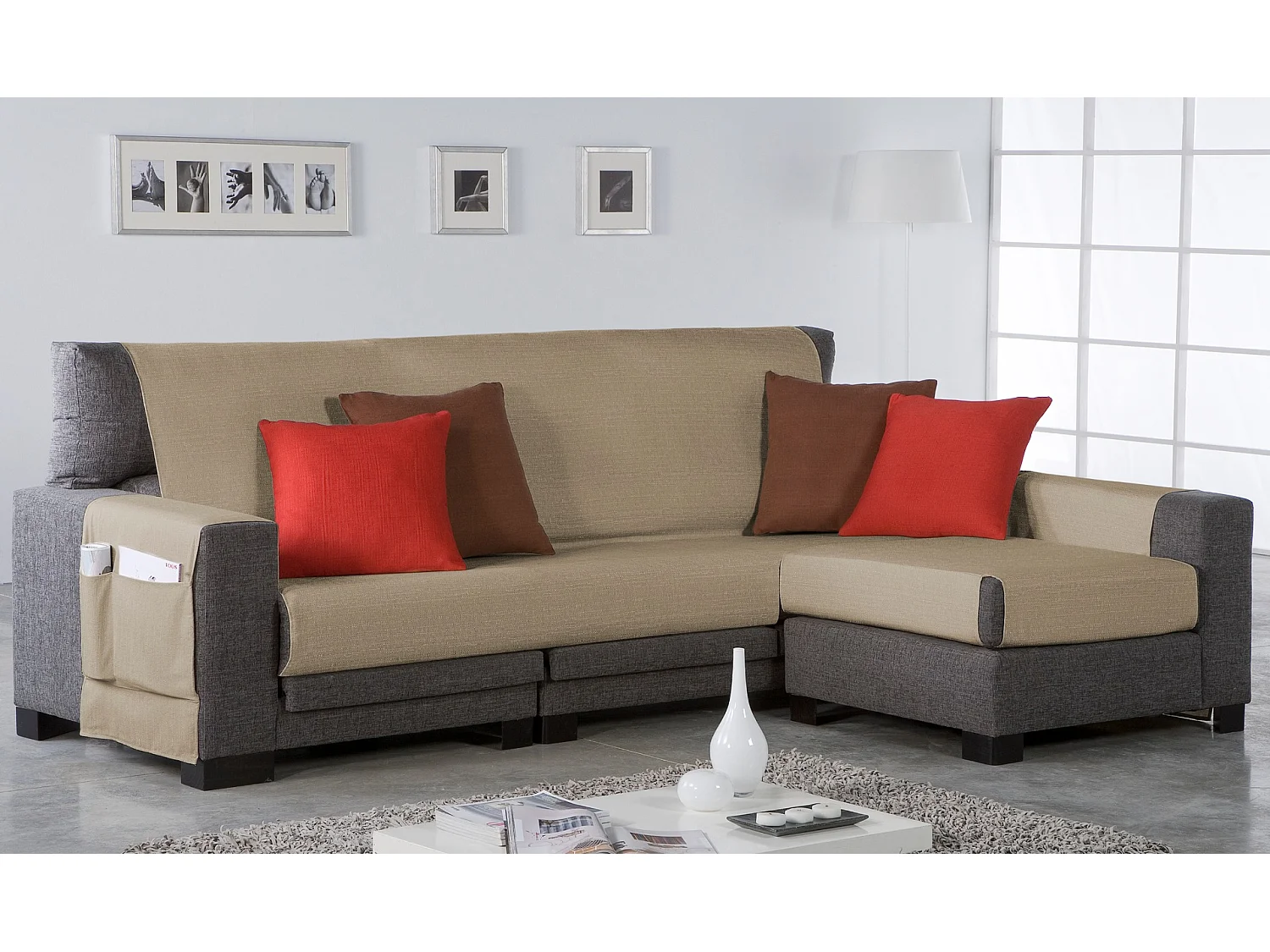 ESTORALIS | Cubre Sofá Tejido Jaquard Resistente | Chaisse Longue 275 cm Brazo Derecho | Tela 275 x 255 cm  | Modelo BERET Color Champagne