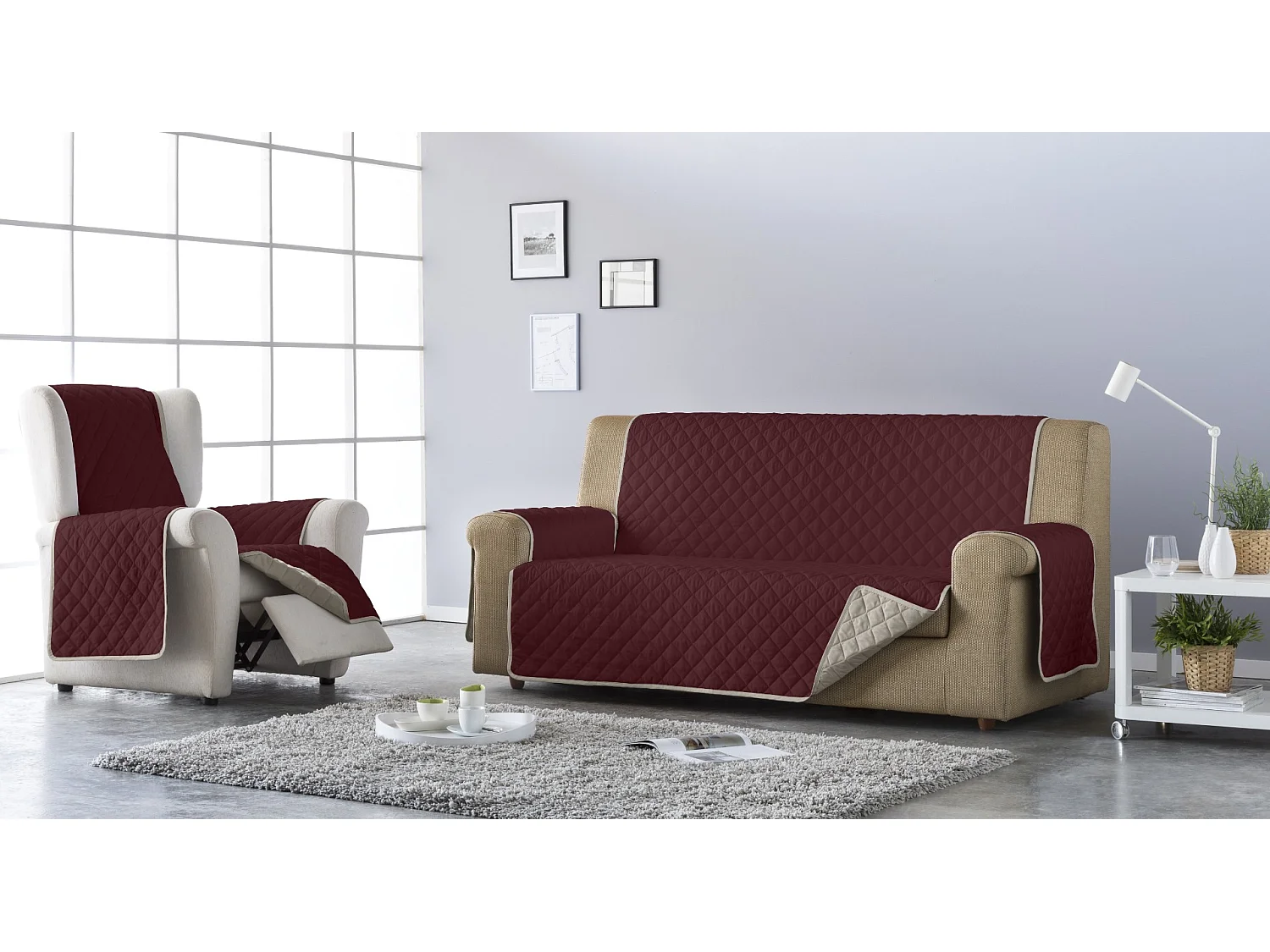 ESTORALIS | Cubre Sofá Acolchado Reversible | Para Sofa de 3 Plazas | Tela 150 x 210 cm | Modelo EDEN Color Gris/Rojo